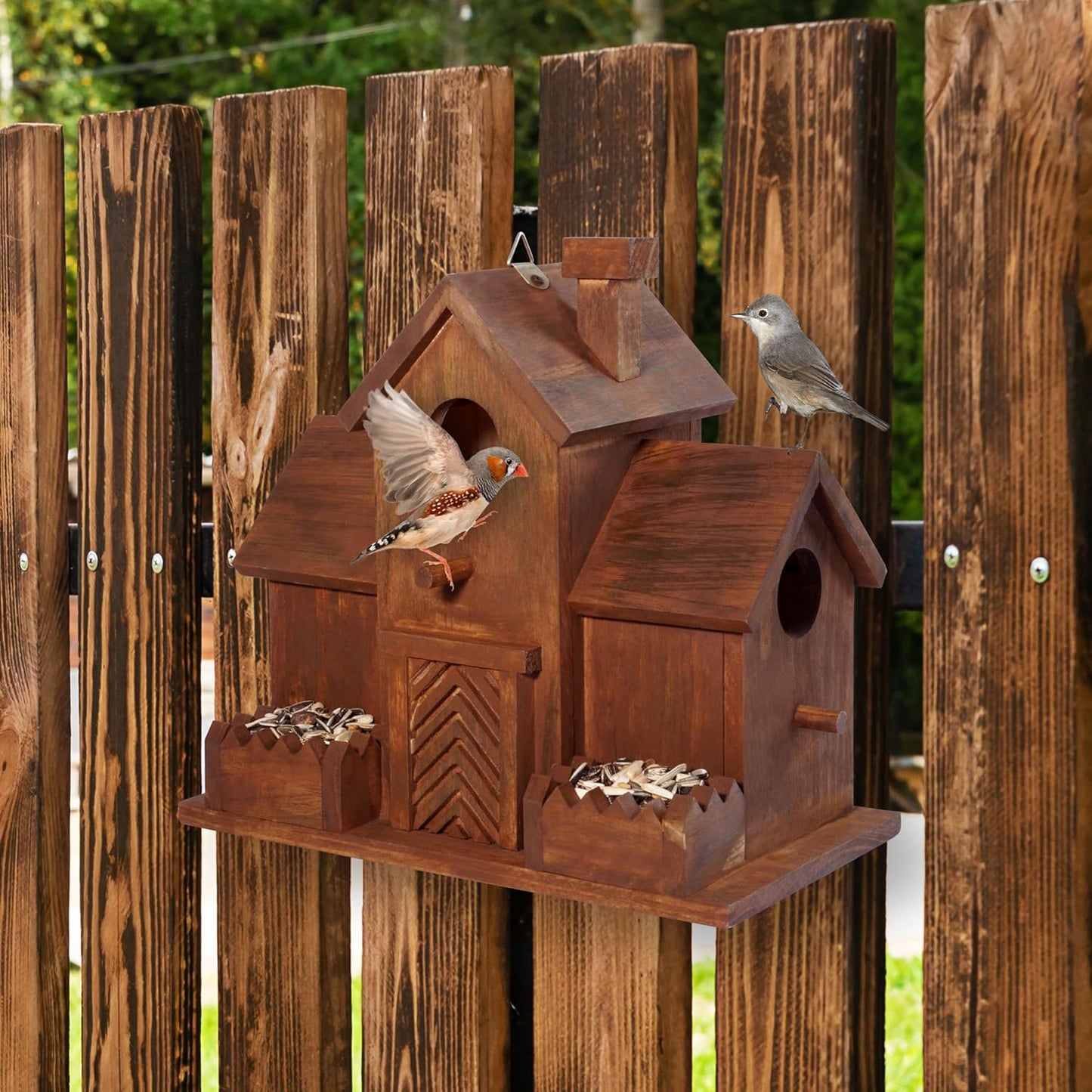MIXUMON Bird Houses for Outside with Bird Feeder, Outdoor 3 Hole Bird 