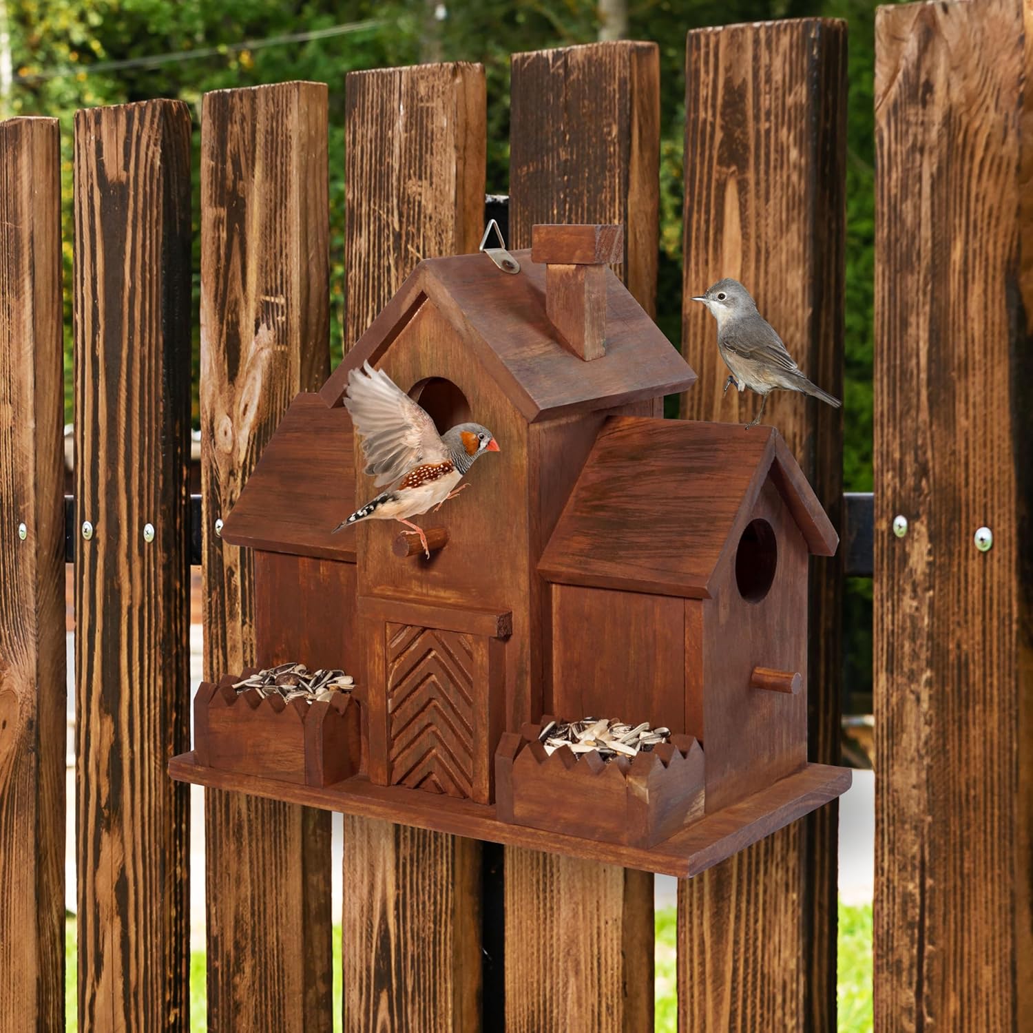 MIXUMON Bird Houses for Outside with Bird Feeder, Outdoor 3 Hole Bird 