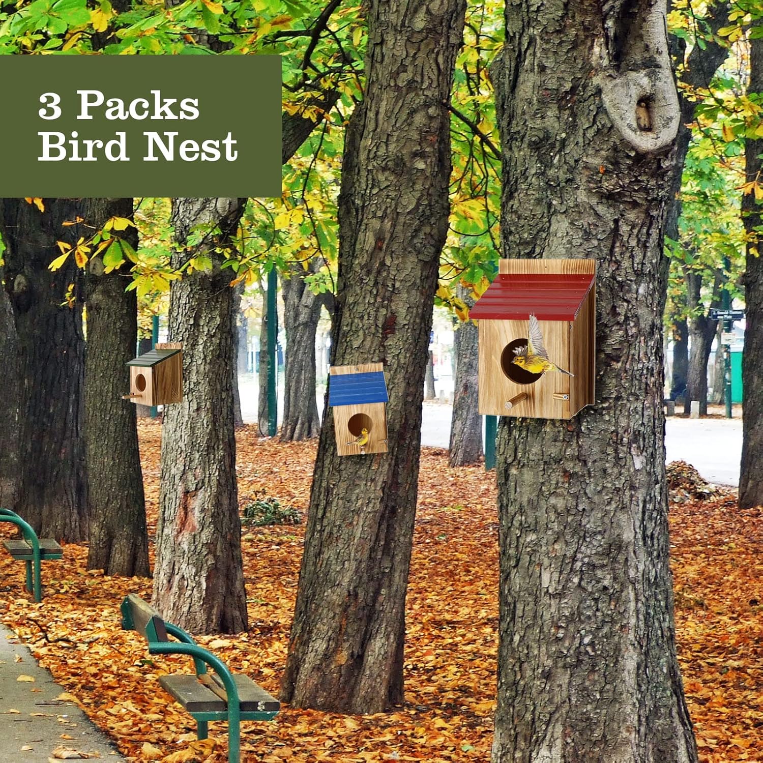 Meanplan 3 Pcs Wooden Bird Houses for Outside Bird House with Pole Woo