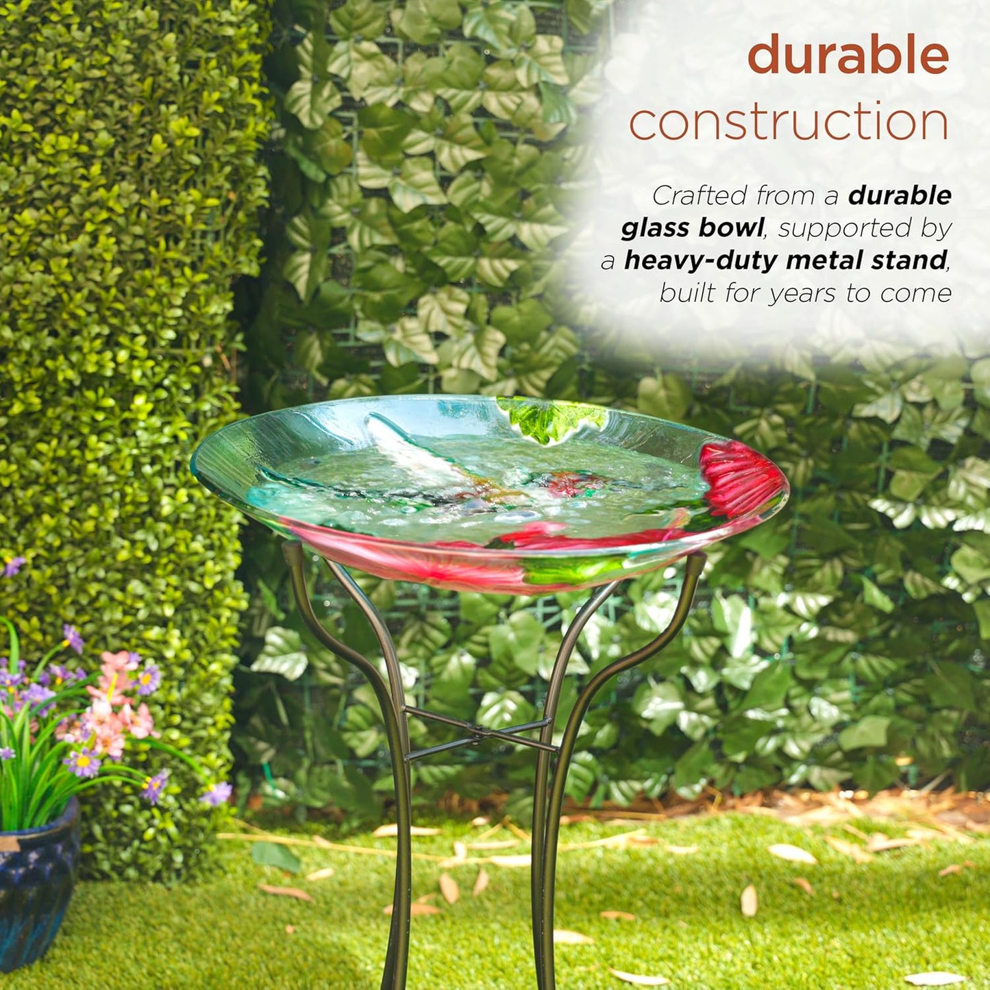 Alpine Corporation 26" Tall Outdoor Glass Floral Hummingbird Birdbath 