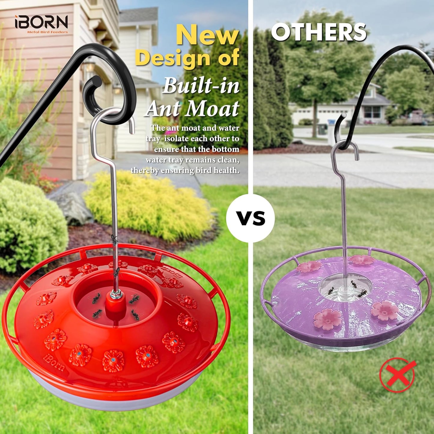 iBorn Hummingbird Feeders for Outdoors Hanging,Bee Proof Hummingbird Feeder with 14 Feeding Ports,13 OZ Saucer Humming Bird Feeders with Ant Moat,Ant Proof No Leak,Easy to Clean and Refill,Red,1 Pack