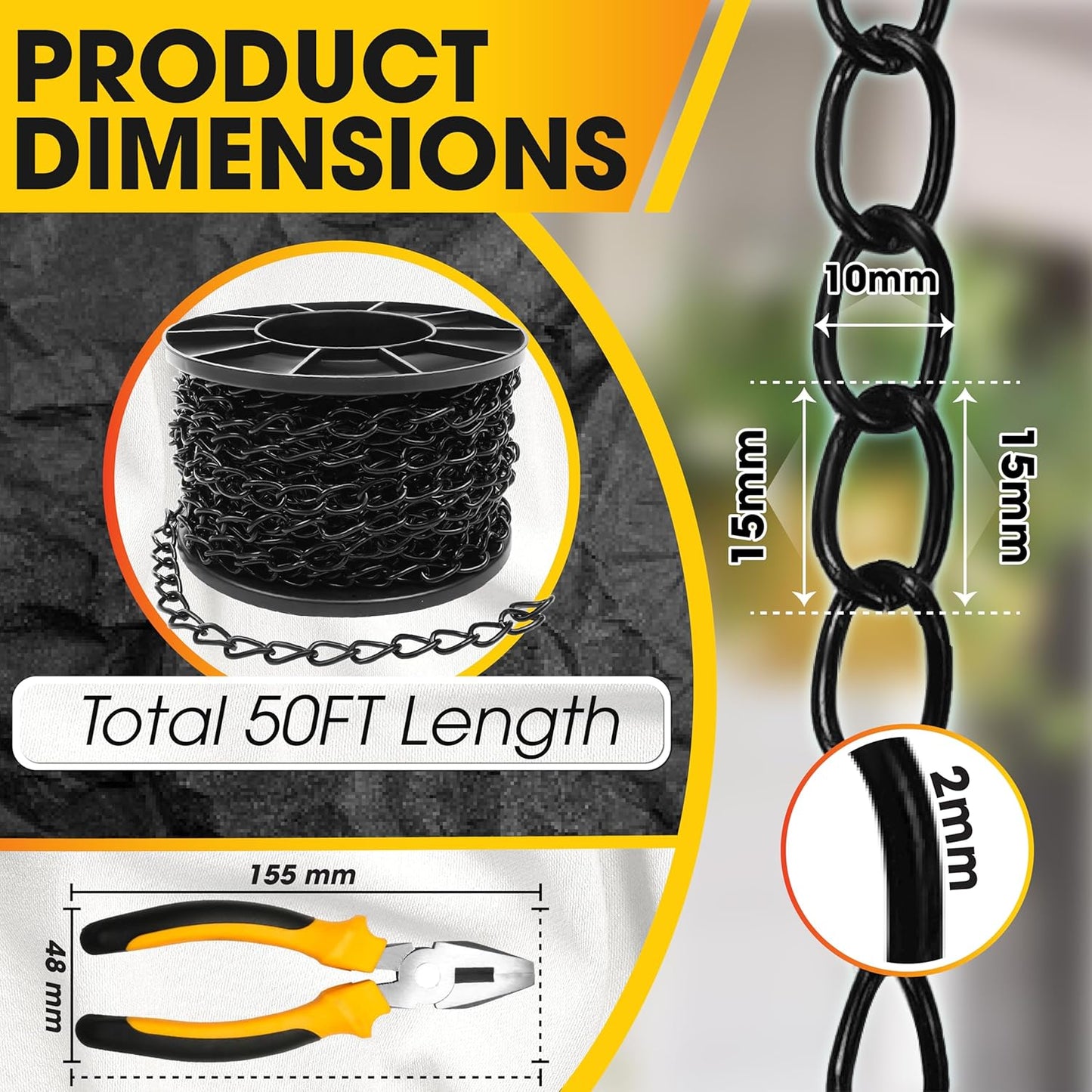 [Upgraded] 50FT Black Electroplated Steel Hanging Chain Roll, Pliers Included, 20LBS Load Capacity, Durable, Rust-Resistant, Adjustable Length for Hanging Bird Feeders, Planters, Lanterns, Billboards