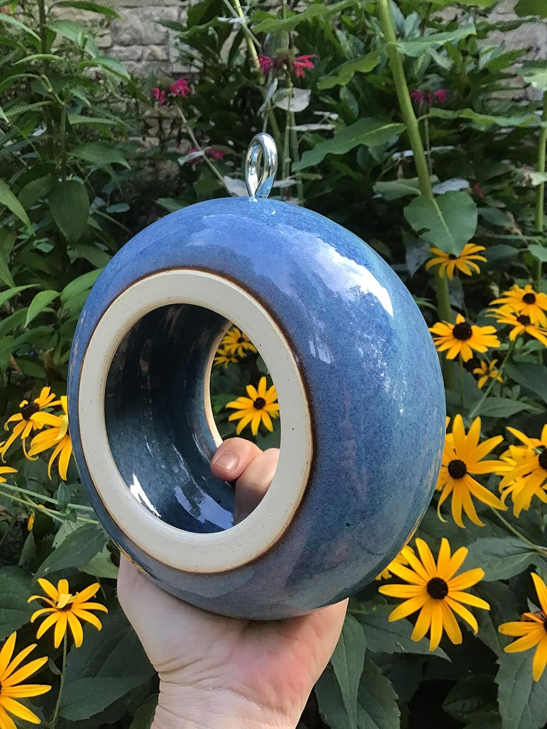 Bird Feeder: Handmade Modern Birdfeeder, Stoneware Ceramic Pottery in Medium Blue