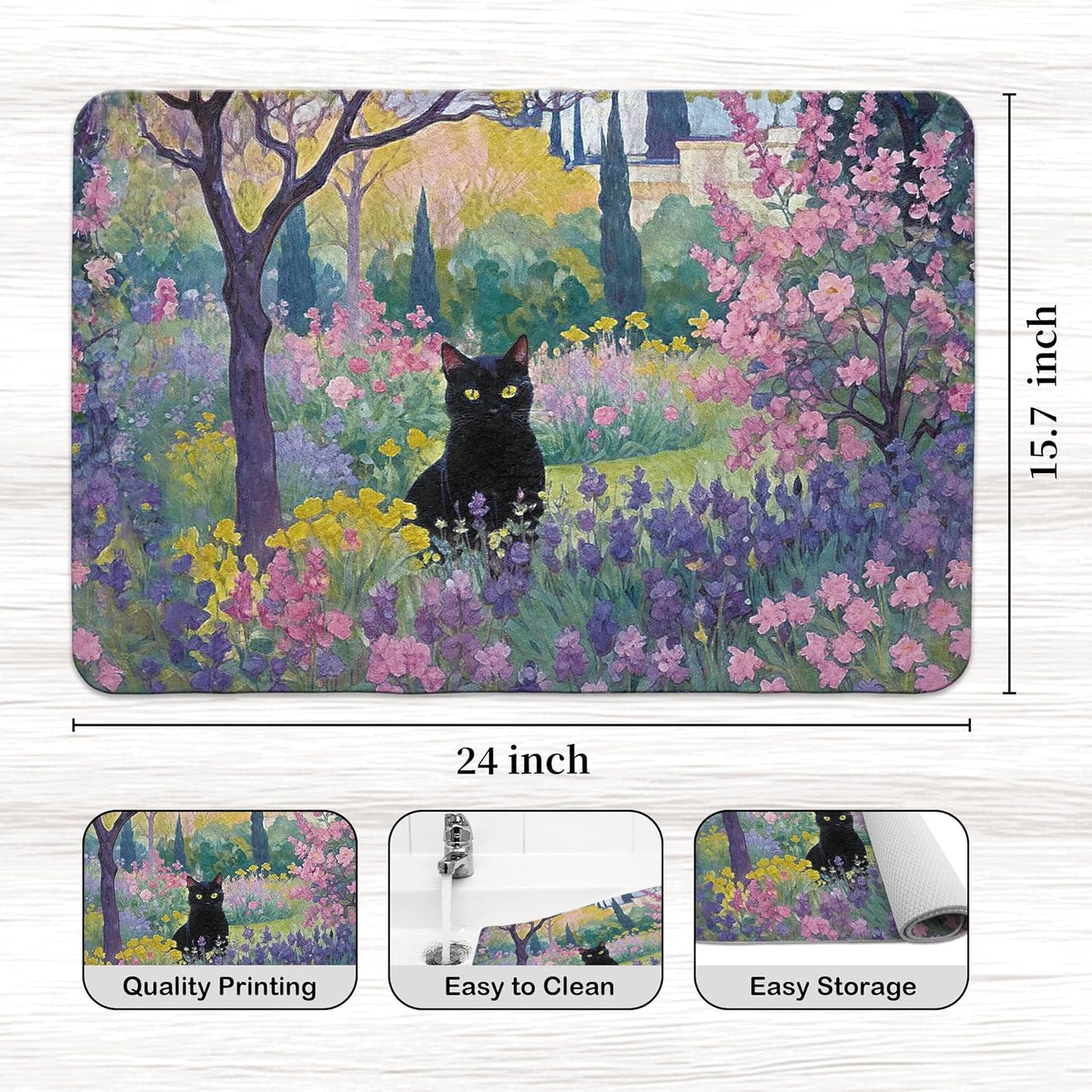 Spring Garden Black Cat Dish Drying Mat，Cat Lover Gifts, Vintage Floral Black Kitten Dishes Dry Coffee Mats for Kitchen Counter Coffee Maker, 16x24 Inch