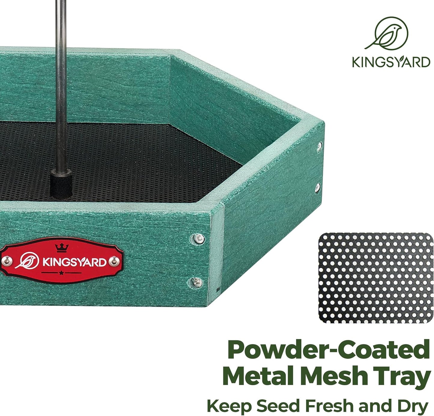 Kingsyard Heavy Duty Hanging Platform Bird Feeder Weatherproof, Recycled Plastic Tray with Metal Mesh Screen, Easy Clean Outdoor Feeder for Cardinals Bluebirds Wild Birds, Green