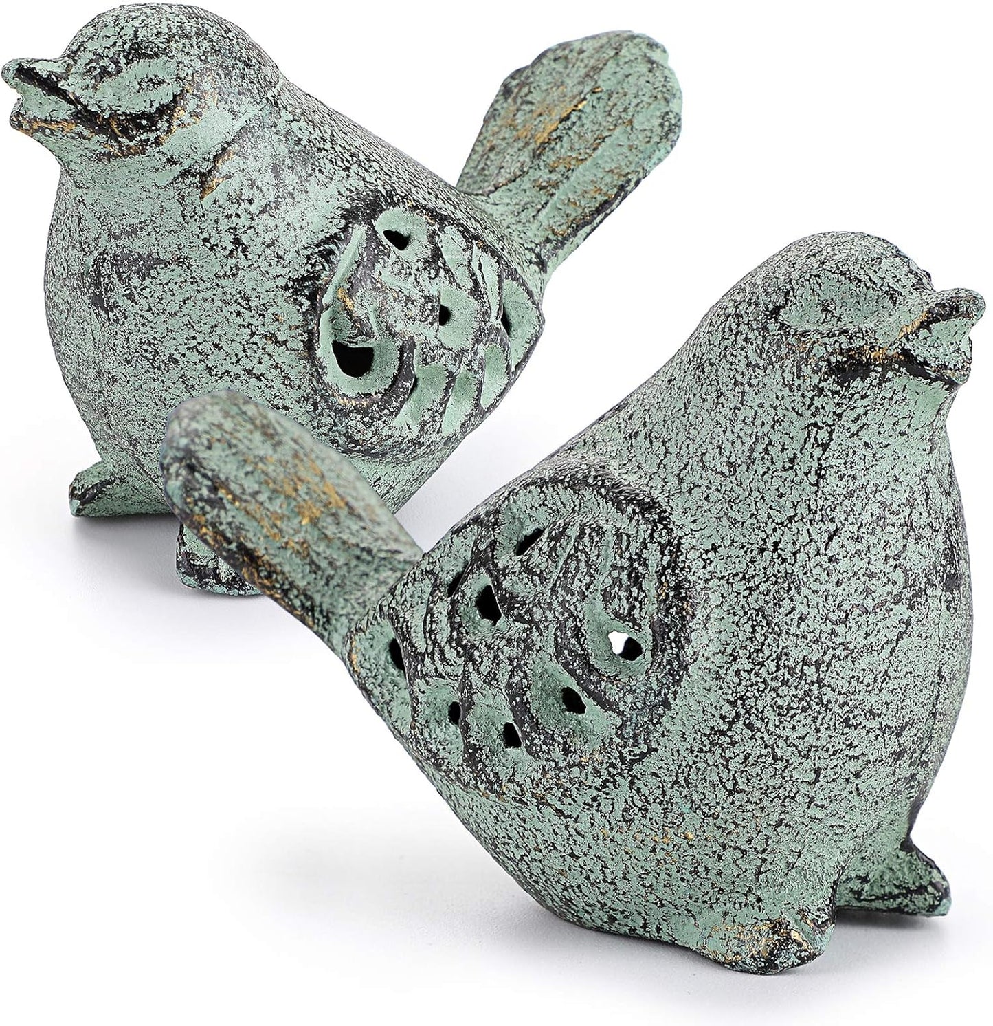 OwnMy 2PCS Cast Iron Green Bird Sculptures - Outdoor & Indoor Small Birds Statues, Hollow Carved Bird Figurines Ornaments Decorative Animal Figurines for Garden Patio Home Decors