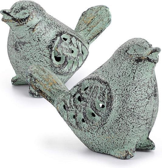 OwnMy 2PCS Cast Iron Green Bird Sculptures - Outdoor & Indoor Small Birds Statues, Hollow Carved Bird Figurines Ornaments Decorative Animal Figurines for Garden Patio Home Decors