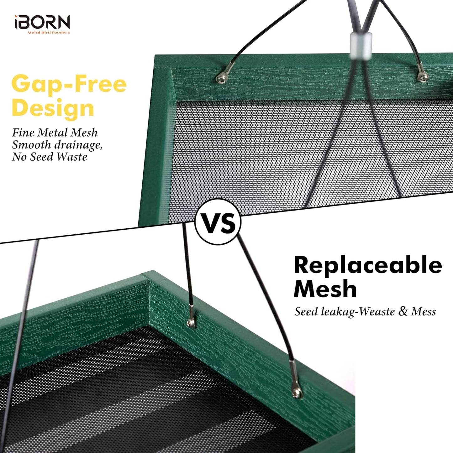 iBorn Platform Bird Feeder Tray, Bird Feeders for Outdoors Hanging, Flat Birdfeeder Tray with Large Capacity 3LBS, WPC Recycled Plastic & Cedar Look, Waterproof, 10.5"x10.5", Green