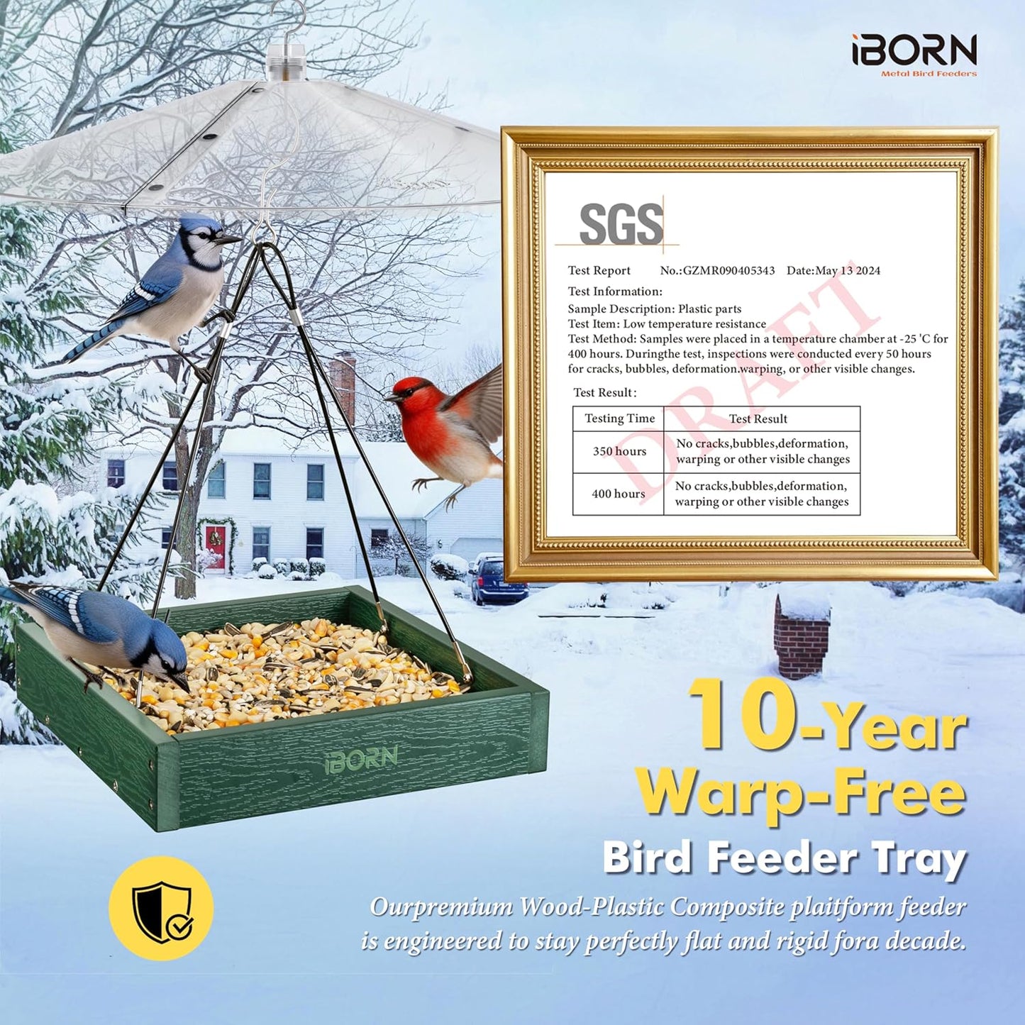 iBorn Platform Bird Feeder Tray, Bird Feeders for Outdoors Hanging, Flat Birdfeeder Tray with Large Capacity 3LBS, WPC Recycled Plastic & Cedar Look, Waterproof, 10.5"x10.5", Green