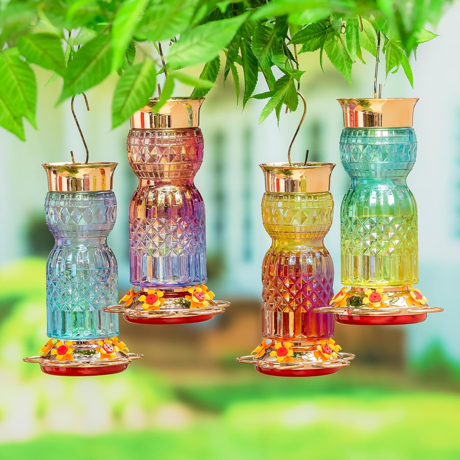 Evergreen Garden Iridescent Glass Hummingbird Feeder, 31 Ounces Hangin