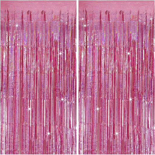 Tinsel Curtain Pink Birthday Party Decorations 2 Packs Glitter Foil Fringe Curtain Decor Streamers Photo Booth for Birthday Christmas Wedding Halloween Graduation