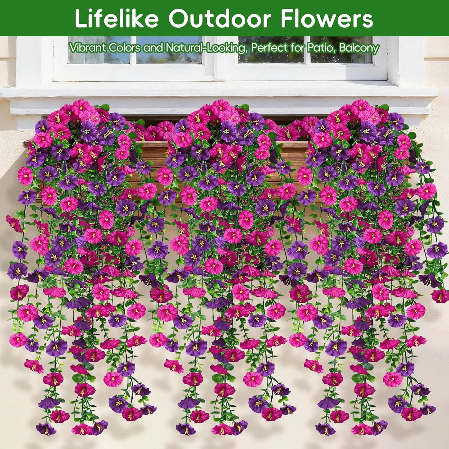 Artificial Hanging Flowers for Outdoor, 4Pcs UV Resistant Faux Morning Glory Flower Spring Summer Decroation, No Fade Fake Flower Trailing Vine for Porch Patio Balcony Yard Garden, Purple+Light Purple
