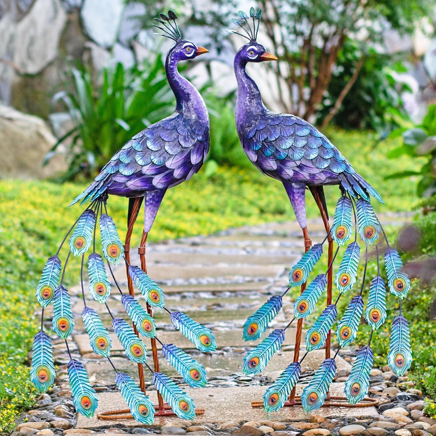 Kircust Purples Peacock Garden Statue and Sculpture, Metal Peacocks Ya