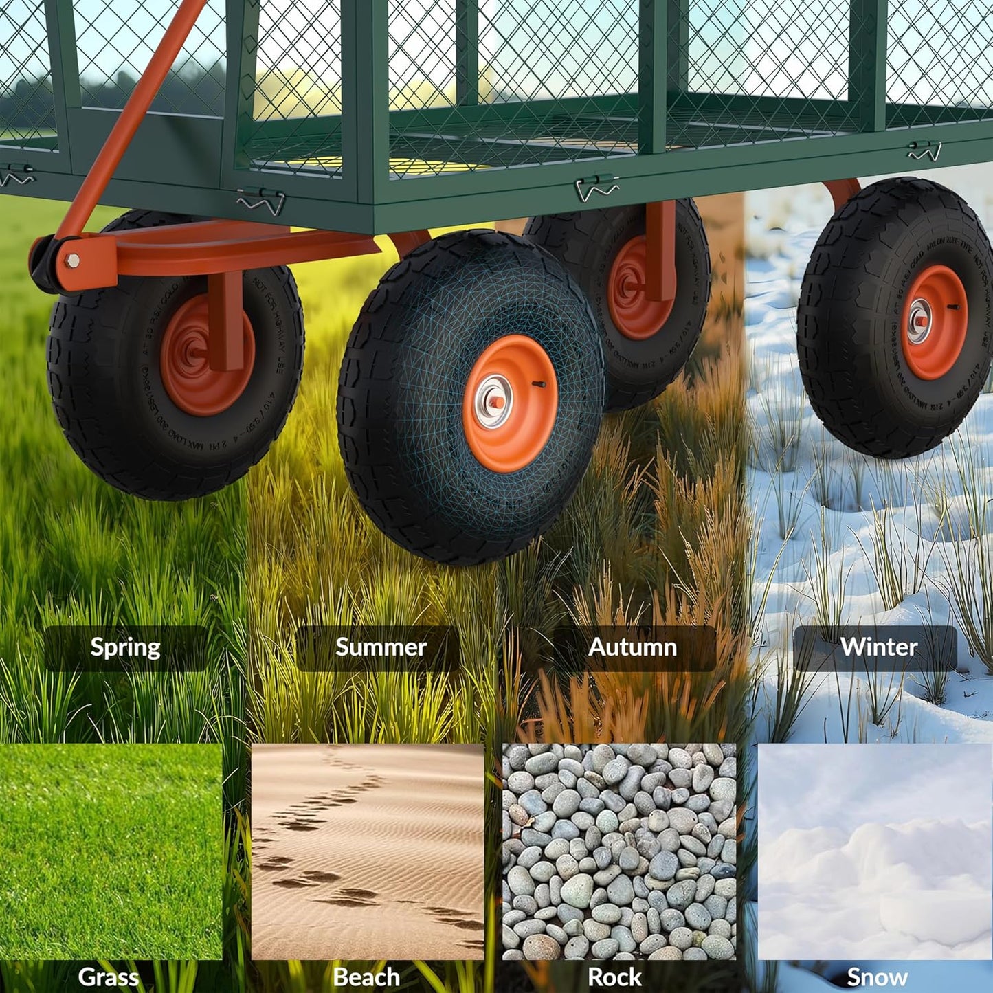 Steel Garden Cart, 500 LBS, 3 in-1 Folding Utility Wagon with Removable Sides, 10 in Tires, 180° Rotating Handle for Outdoor, Farm, Lawn and Garden, Heavy Duty Flatbed, Green & Orange
