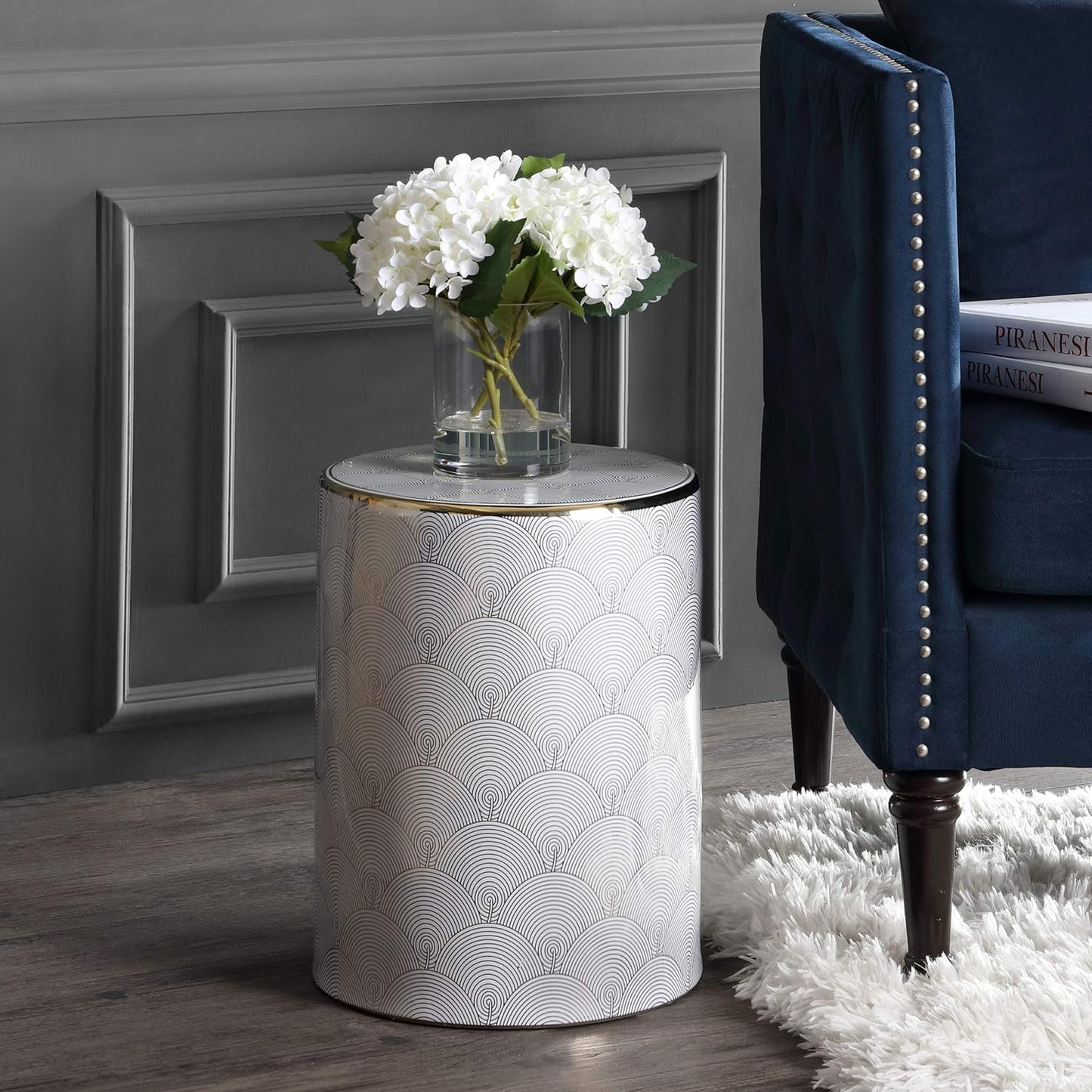 JONATHAN Y TBL1001A Fish Scale 17" Modern Ceramic Indoor/Outdoor Garden Stool, Coastal, Contemporary, Transitional, Side Table, Plant Stand, Spill-Proof, Living Room, Garden Room, Patio, White/Gold