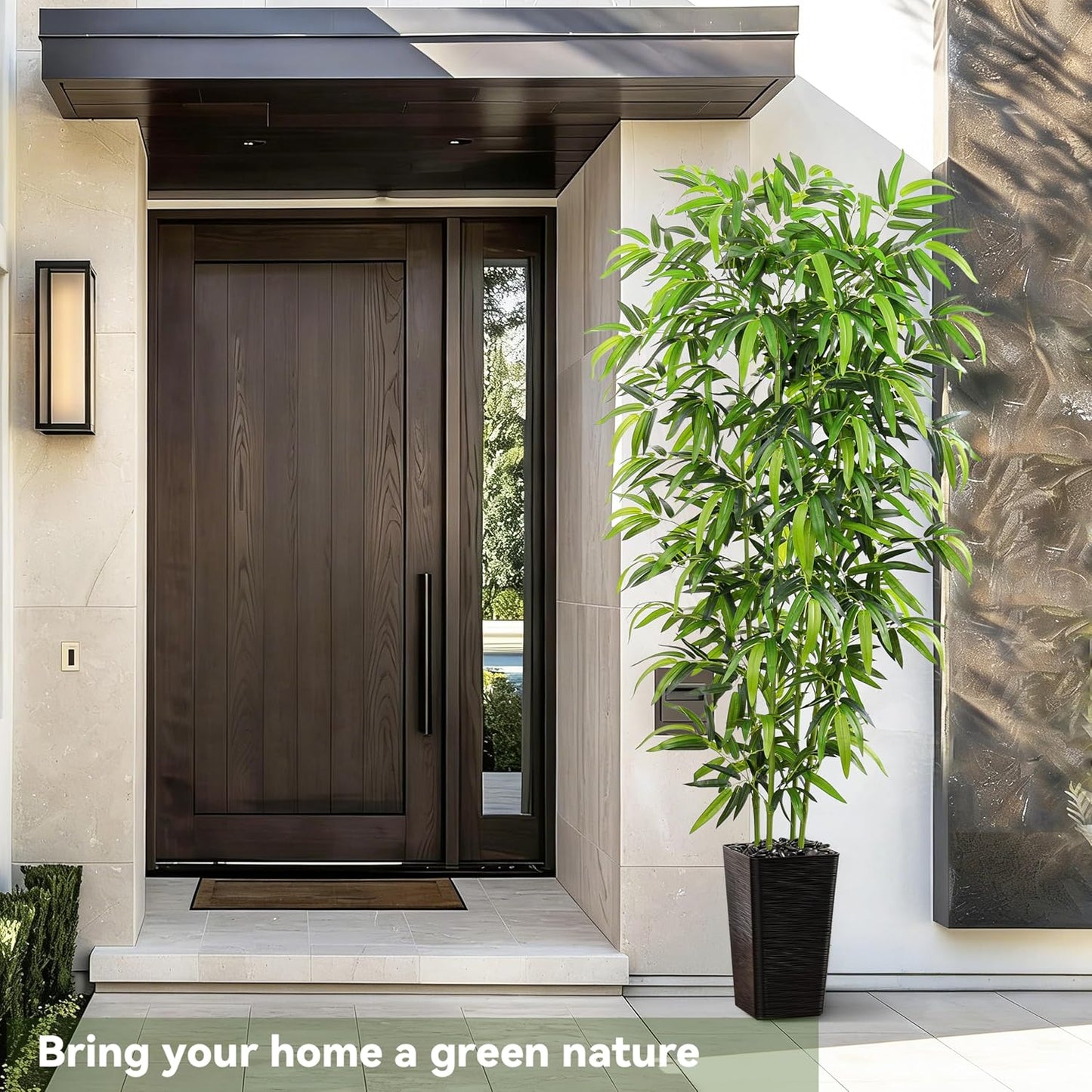 Artificial Bamboo Tree, 6FT Fake Plants Faux Bamboo Plant with Black Square Planter, Artificial Trees Faux Silk Plant with 3 Trunks & Green Lush Leaves for Home Office Indoor Outdoor Decor