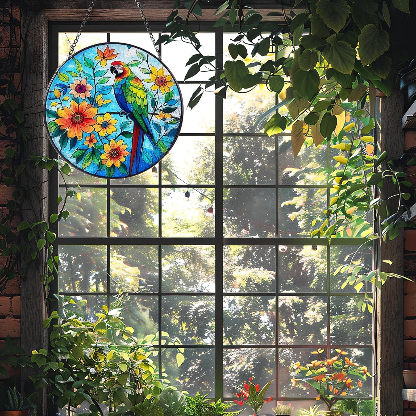Parrot Sun Catcher Stained Glass Window Hanging, 7.8" Suncatcher Glass Panel Window Decoration, Nature Lover Gift for Women, Wall Garden Art Decor, Gift for Birthday Christmas & Holidays