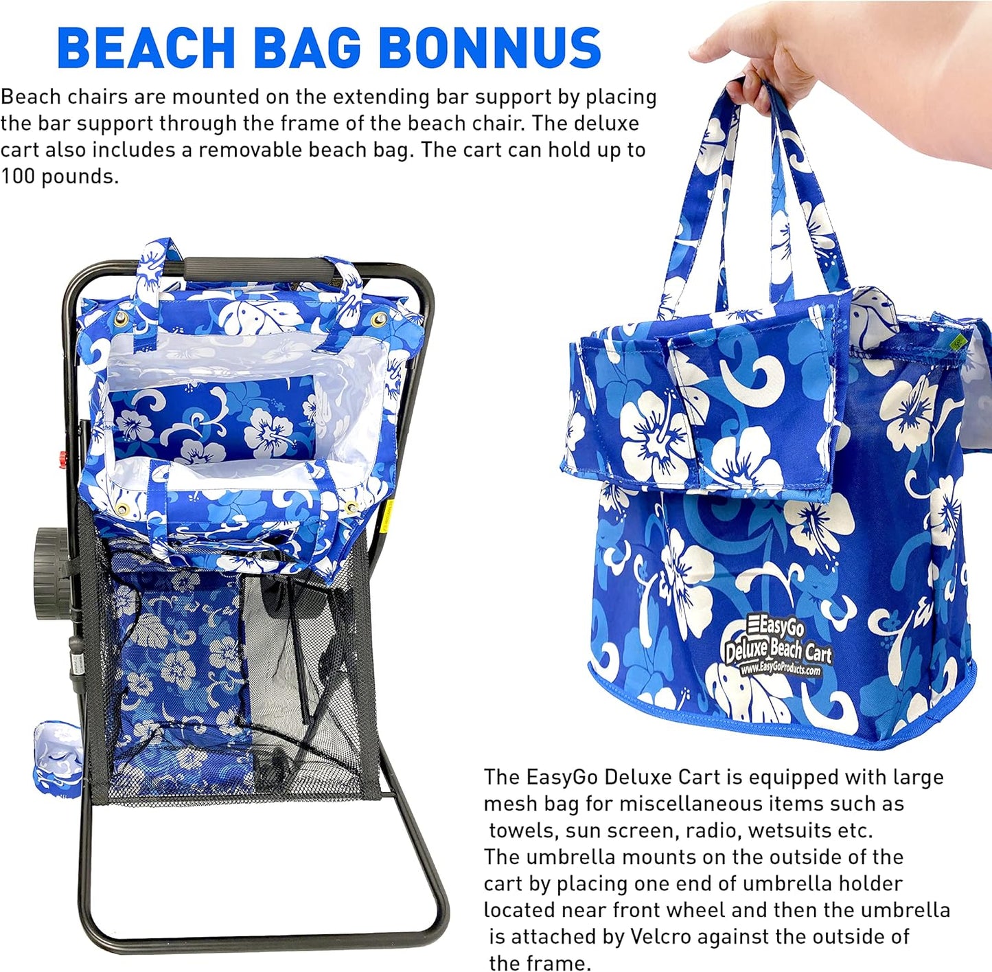 Beach Cart Deluxe Heavy Duty Folding Ocean Utility Large Sand Wheels Holds 4 Folding Chairs Umbrella Holder Removable Storage Bag – Premium Flower Pattern