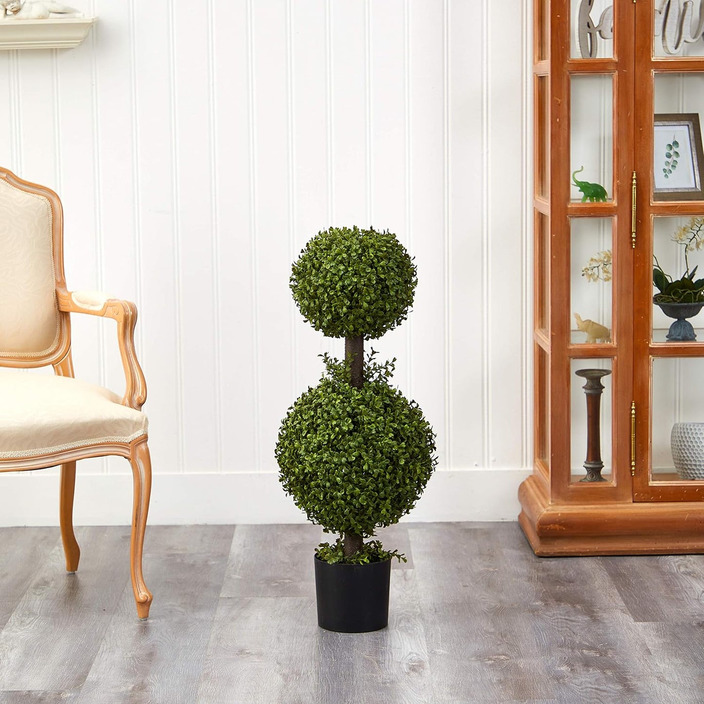 Nearly Natural 35IN Artificial Double Boxwood Topiary Ball Tree, Fake Topiary Plant for Indoor Home Décor in Black Nursery Planter
