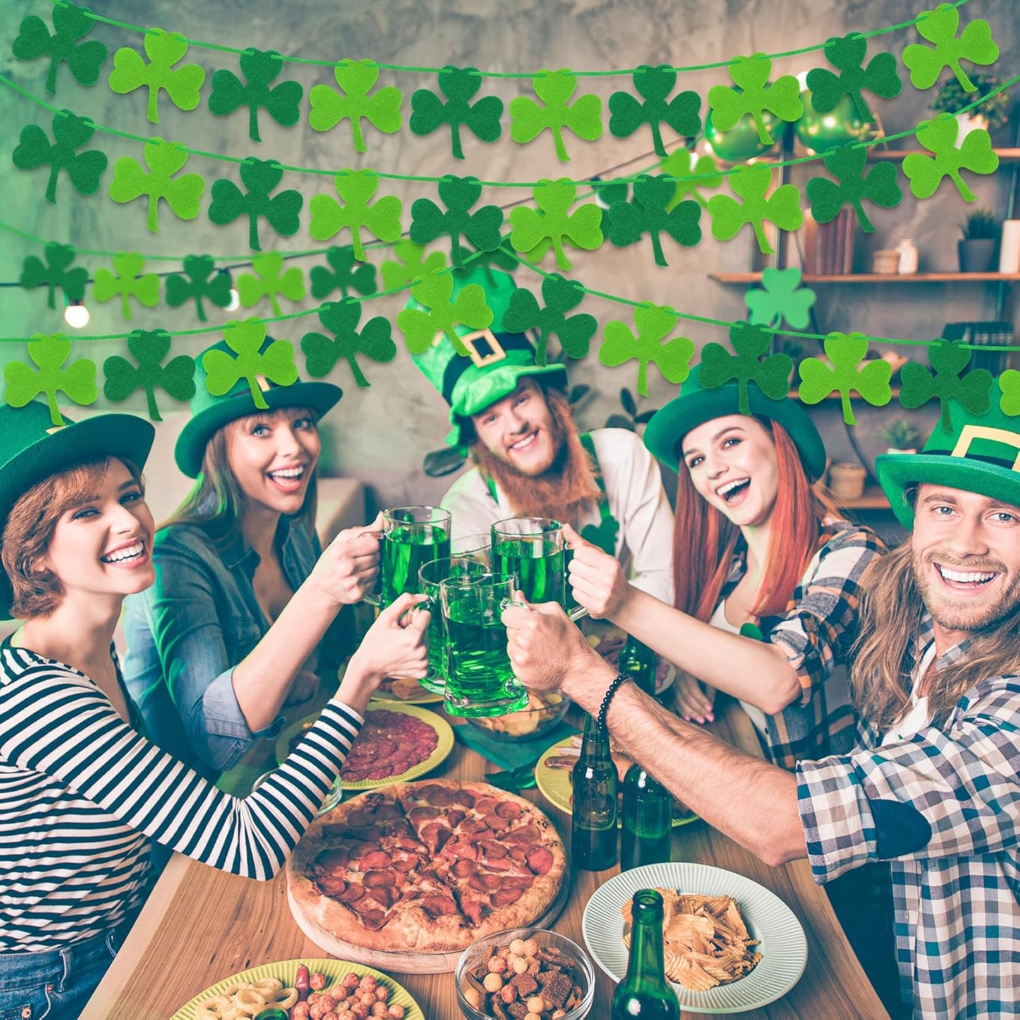 50 PCS St Patricks Day Decorations, St Patricks Day Garland NO DIY, Adjustable St Patricks Day Banner, 8.2 FT Dark Light Green Shamrock Garland Hanging Felt St Patricks Banner Irish Party Indoor