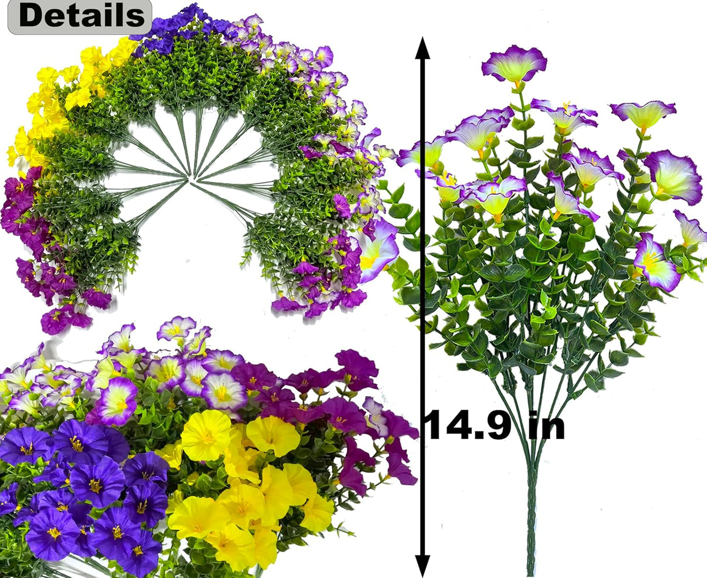 Artificial Flowers for Outdoors Fake Plants Spring Summer Decor, 12 Bundles Realistic Fake Silk Flowers Colorful Morning Glory UV Resistant Faux Flowers for Porch Outside Planter Porch Patio Yard