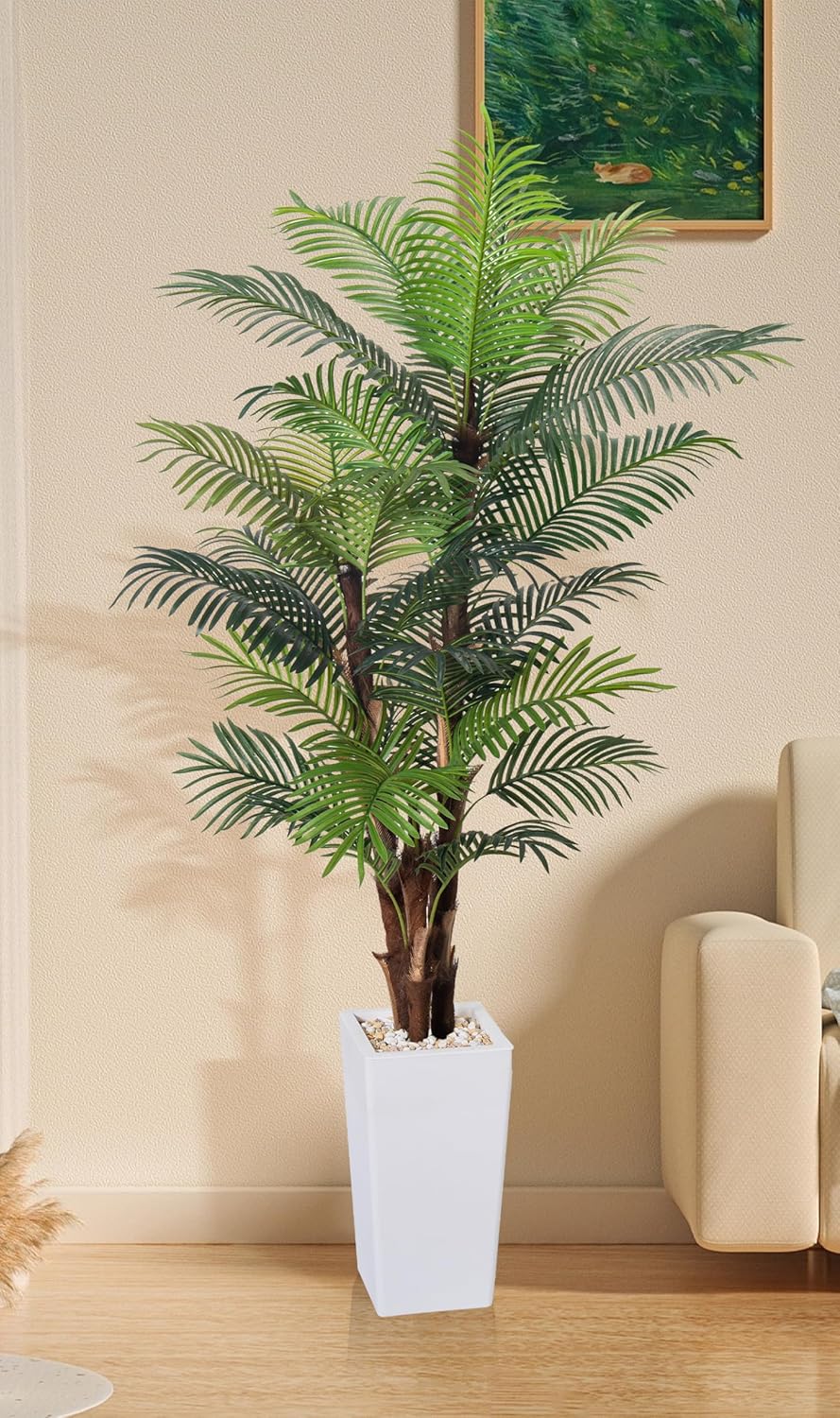 Artificial Palm Tree 7FT, Fake Tree with Realistic Fiber Trunks and White Tall Planter, Faux Tropical Areca Floor Plant in Pot, Artificial Silk Plant for Home Decor Office Decor Indoor