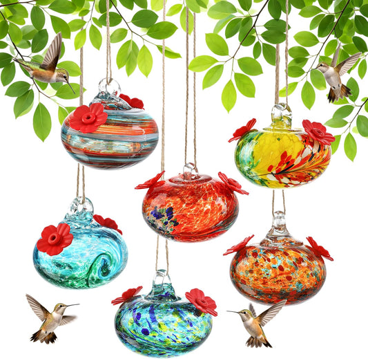 kanpura 6 PCS Hummingbird Feeders for Outdoors Hand Blown Glass Hummingbird Feeder with 2 Flower Feeding Ports Never Fade, Gardening Gifts for Woman Man