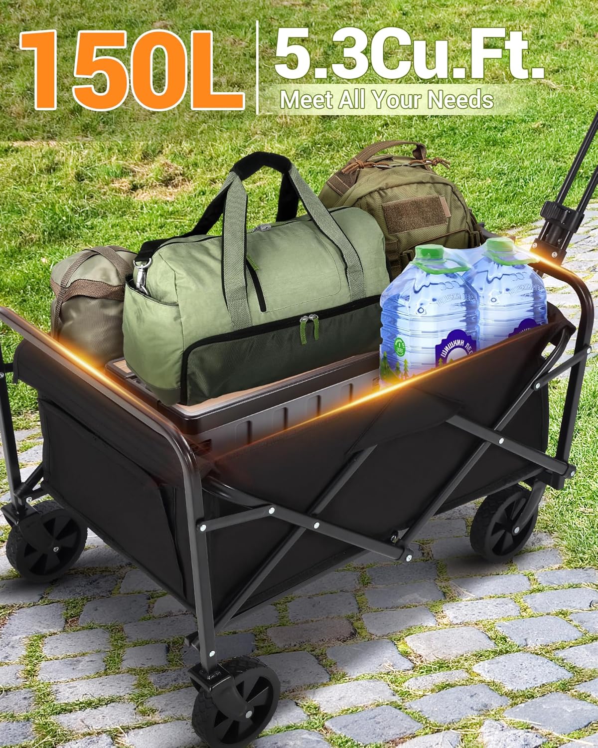 Wagon Cart Heavy-Duty 360LBS Foldable，All-Terrain Collapsible Utility Cart with 360° Wheels & Drink Holders for Beach, Camping, Gardening, Grocery (Black)