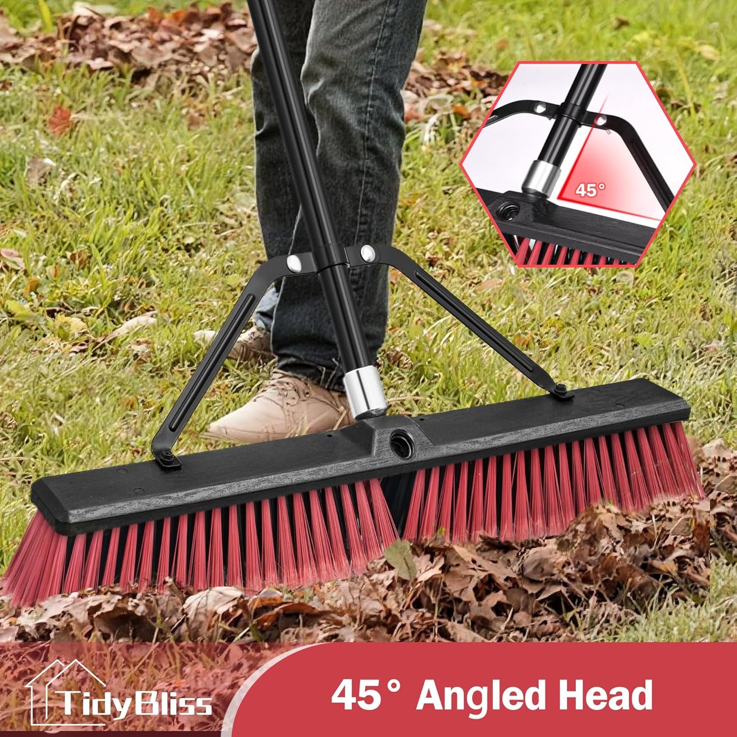 24” Push Broom Outdoor Heavy Duty 2 Pack, Large Commercial Stiff Bristle Brush with 63 inches Long Handle for Garage Shop Garden Yard Patio Deck Street Warehouse Lawn Driveway (Red)