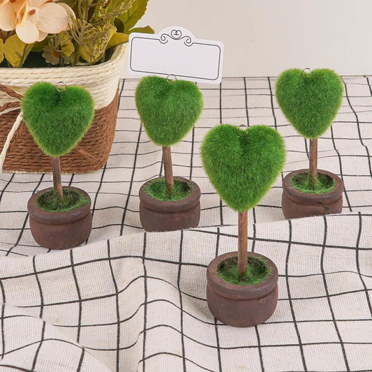 4PCS Love Green Plant Style Place Card Holders –Birthday, Artificial Topiary Cedar Ball Tree, Mini Potted Plant Style Name Card Stands for Party,Office Decor