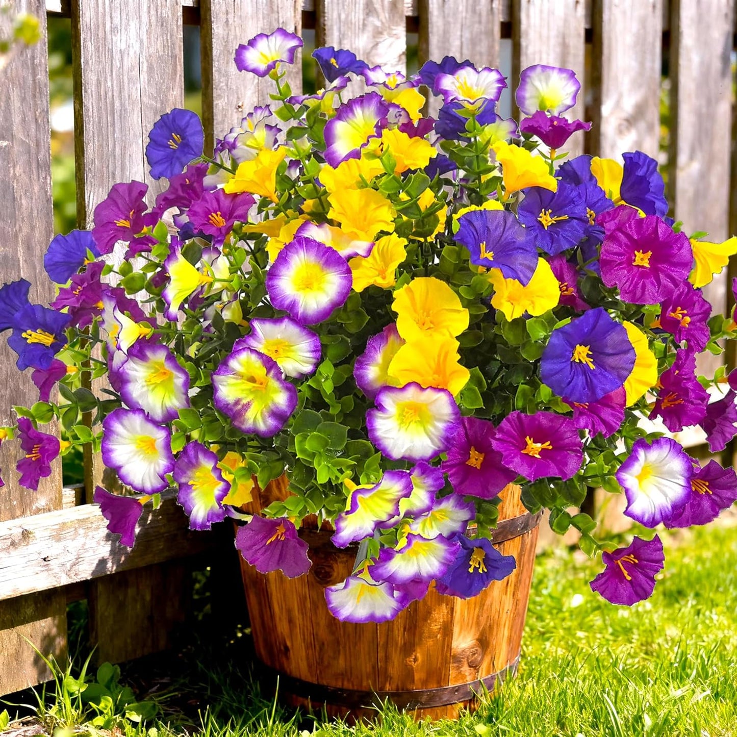 Artificial Flowers for Outdoors Fake Plants Spring Summer Decor, 12 Bundles Realistic Fake Silk Flowers Colorful Morning Glory UV Resistant Faux Flowers for Porch Outside Planter Porch Patio Yard
