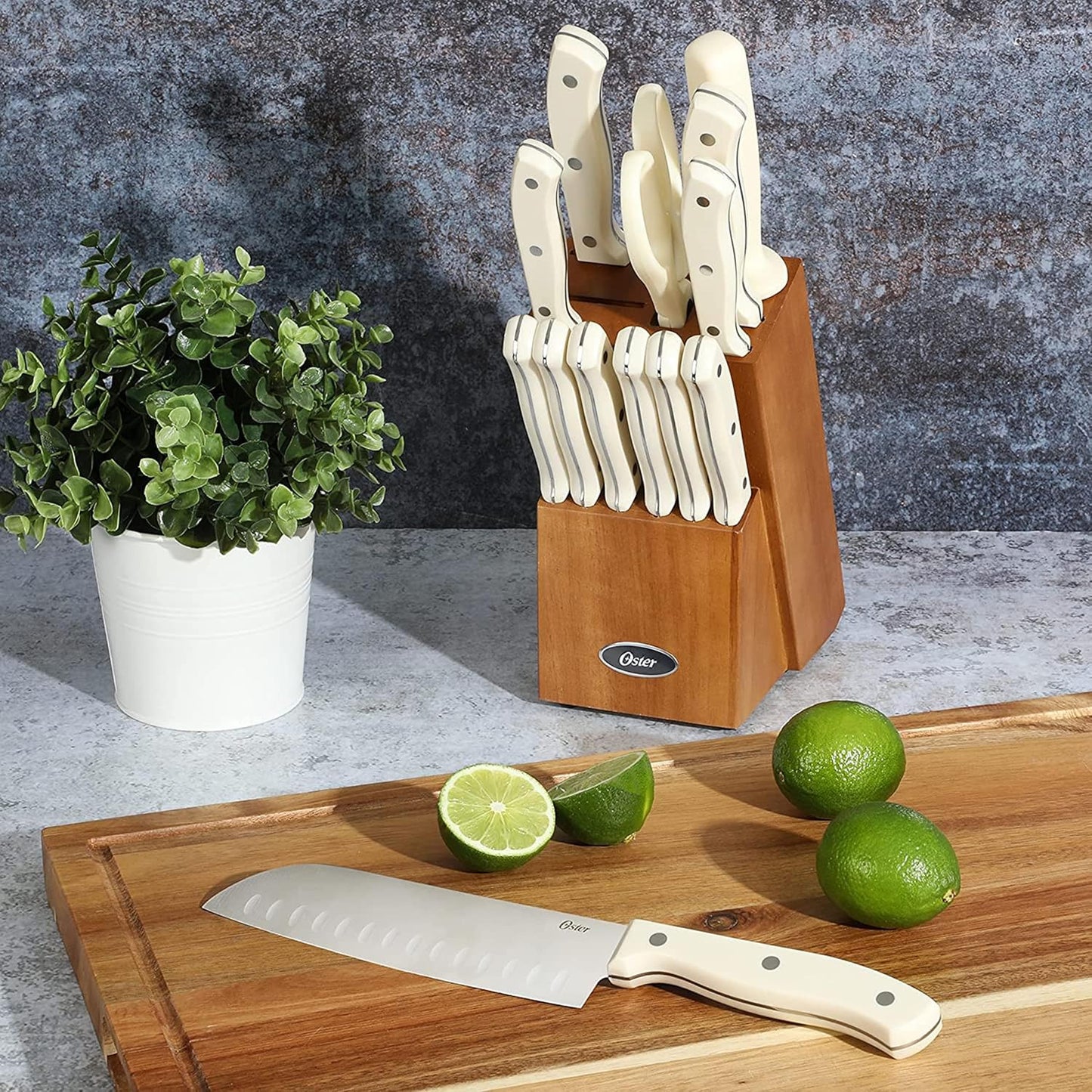 Oster Evansville 14 Piece Cutlery Kitchen Knife Block Set, Stainless S