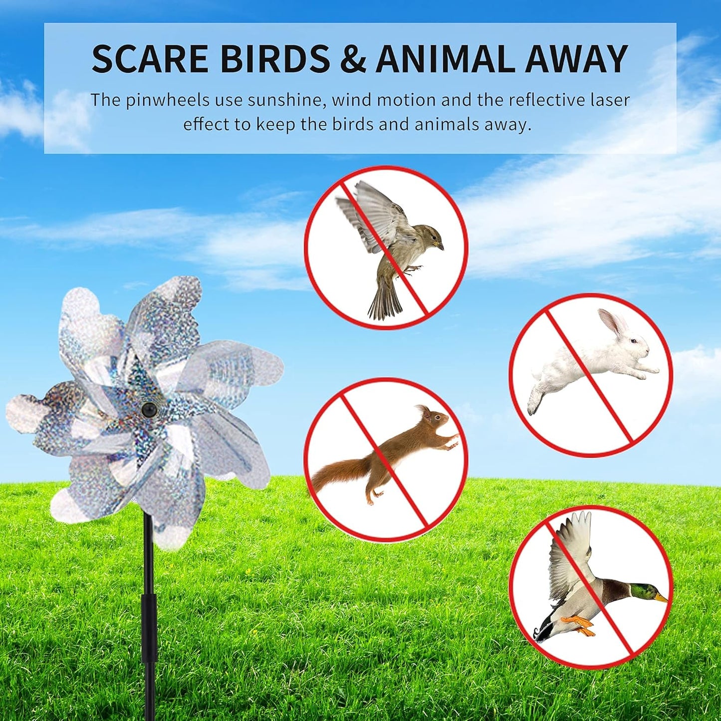 BATTIFE Reflective Pinwheels for Yard and Garden, Pre-Installed Sparkly Blind Birds Pin Wheel, Scare Birds & Animal Away Wind Spinner, 12 Pack (Silver)