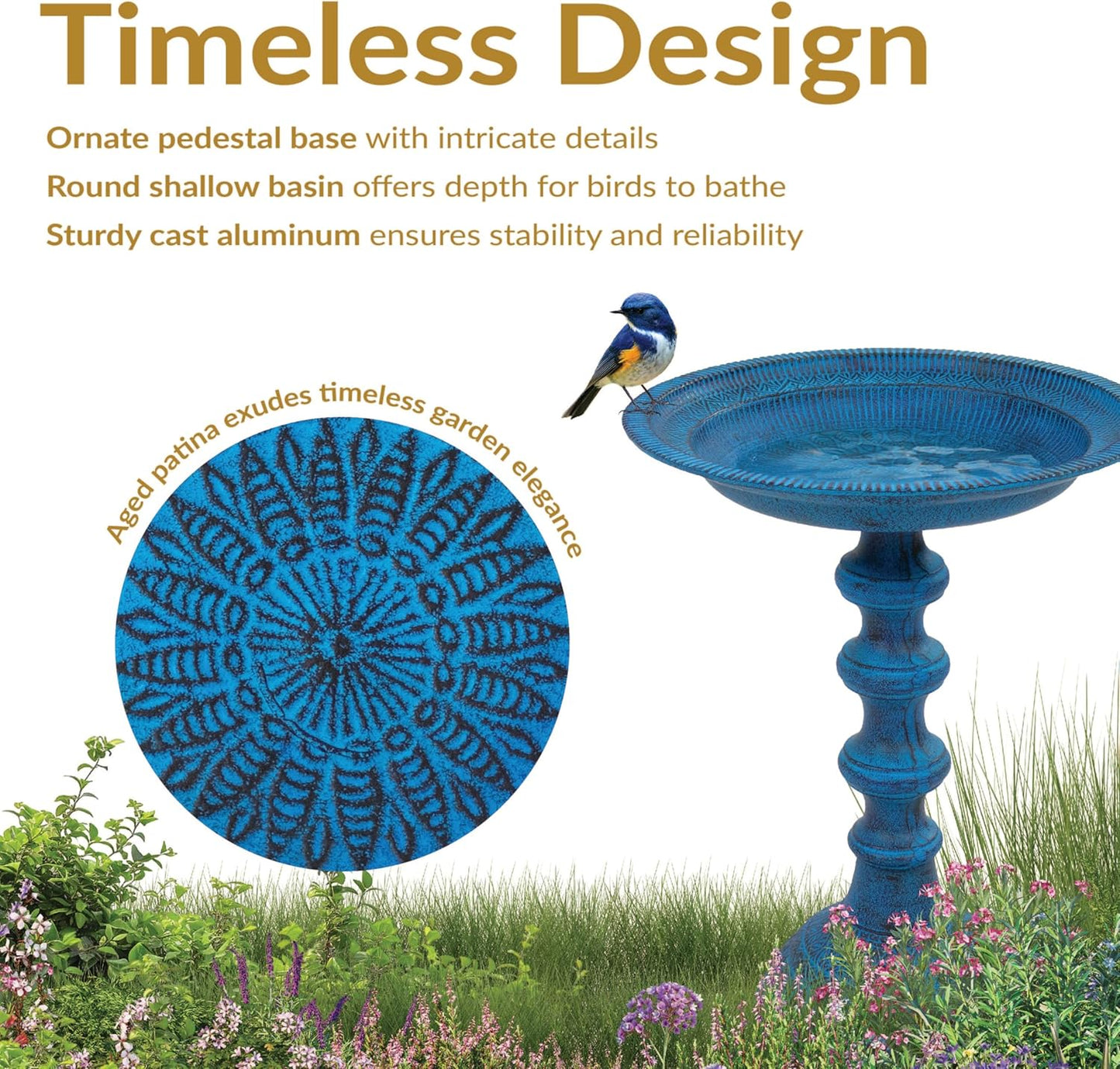 Sunnydaze Backyard Beauty Metal Bird Bath with UV-Resistant Finish - Cast Aluminum - Blue Patina - 18" H