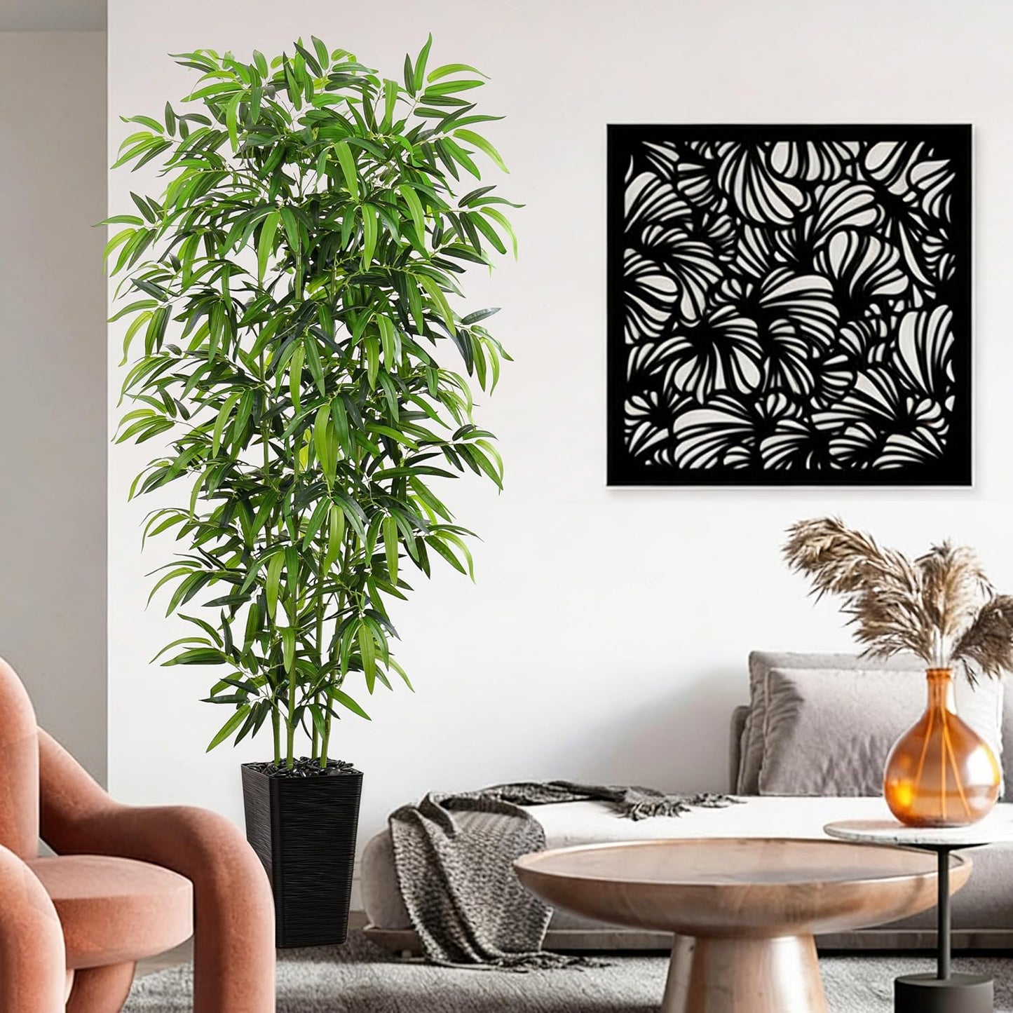 Artificial Bamboo Tree, 6FT Fake Plants Faux Bamboo Plant with Black Square Planter, Artificial Trees Faux Silk Plant with 3 Trunks & Green Lush Leaves for Home Office Indoor Outdoor Decor