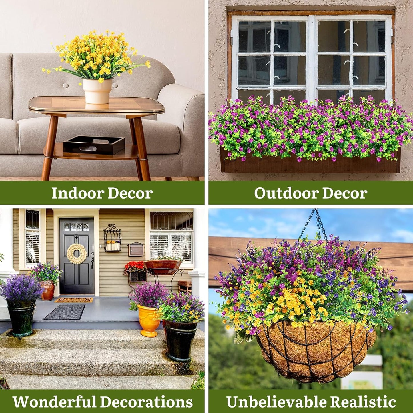 Hoteam 48 Bundles Artificial Faux Flowers Plastic Flower Plants Faux Outdoor Flowers Boxwood Plastic Shrubs Plants for Patio Porch Garden Home Farmhouse Vase Pots Hanging Planters (Classic)