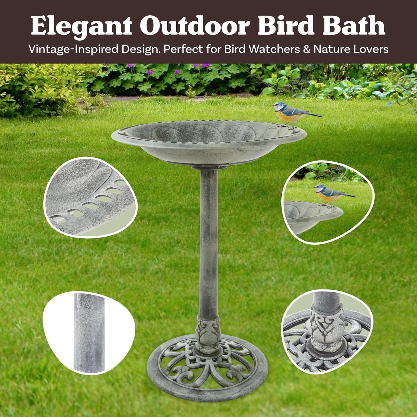 Outdoor Antique-Style Bird Bath - Weather-Resistant Polyresin Basin with Vintage Design and Ground Stakes - Yard and Patio Decor by Pure Garden (Gray)