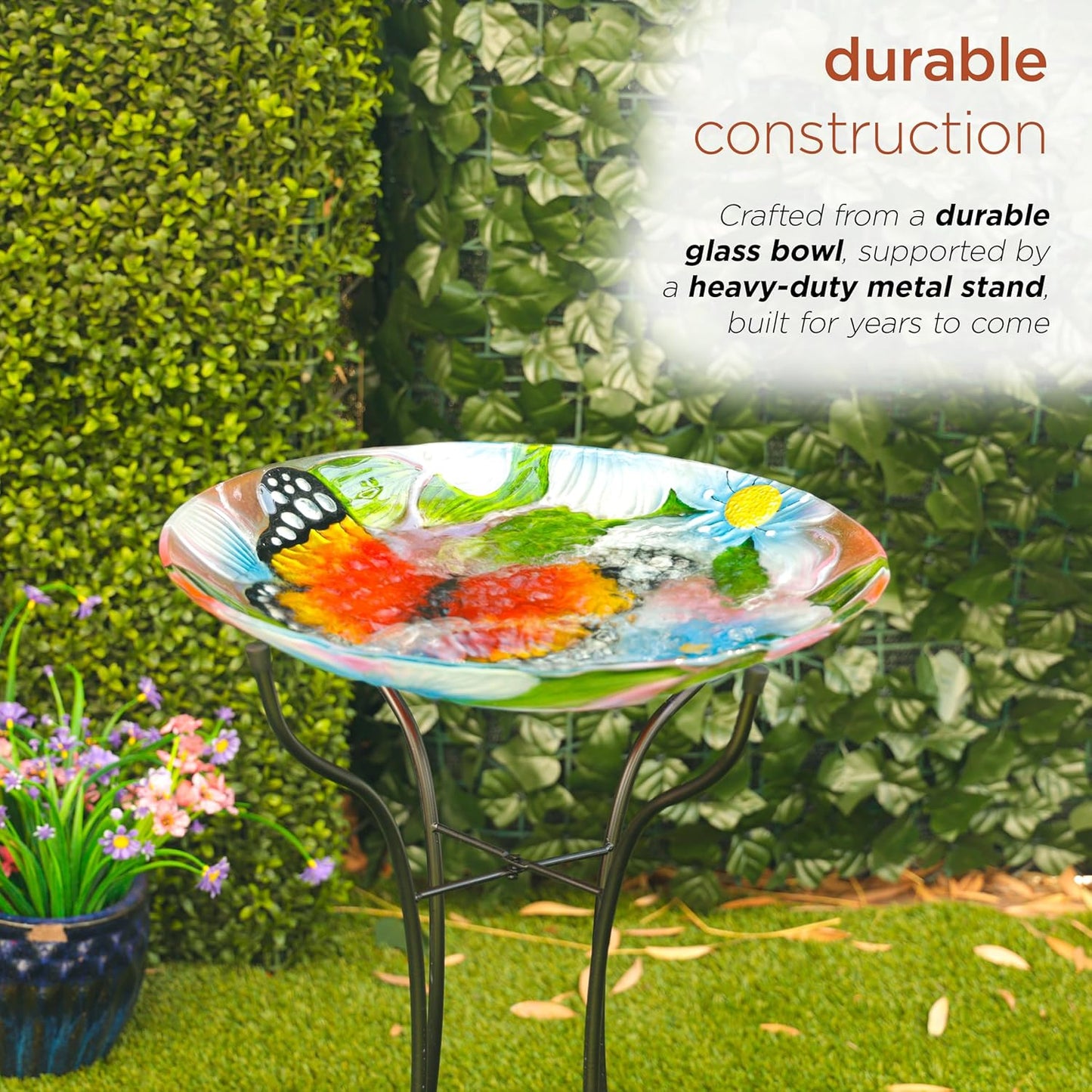 Alpine Corporation 26" Tall Outdoor Glass Floral Butterfly Birdbath wi