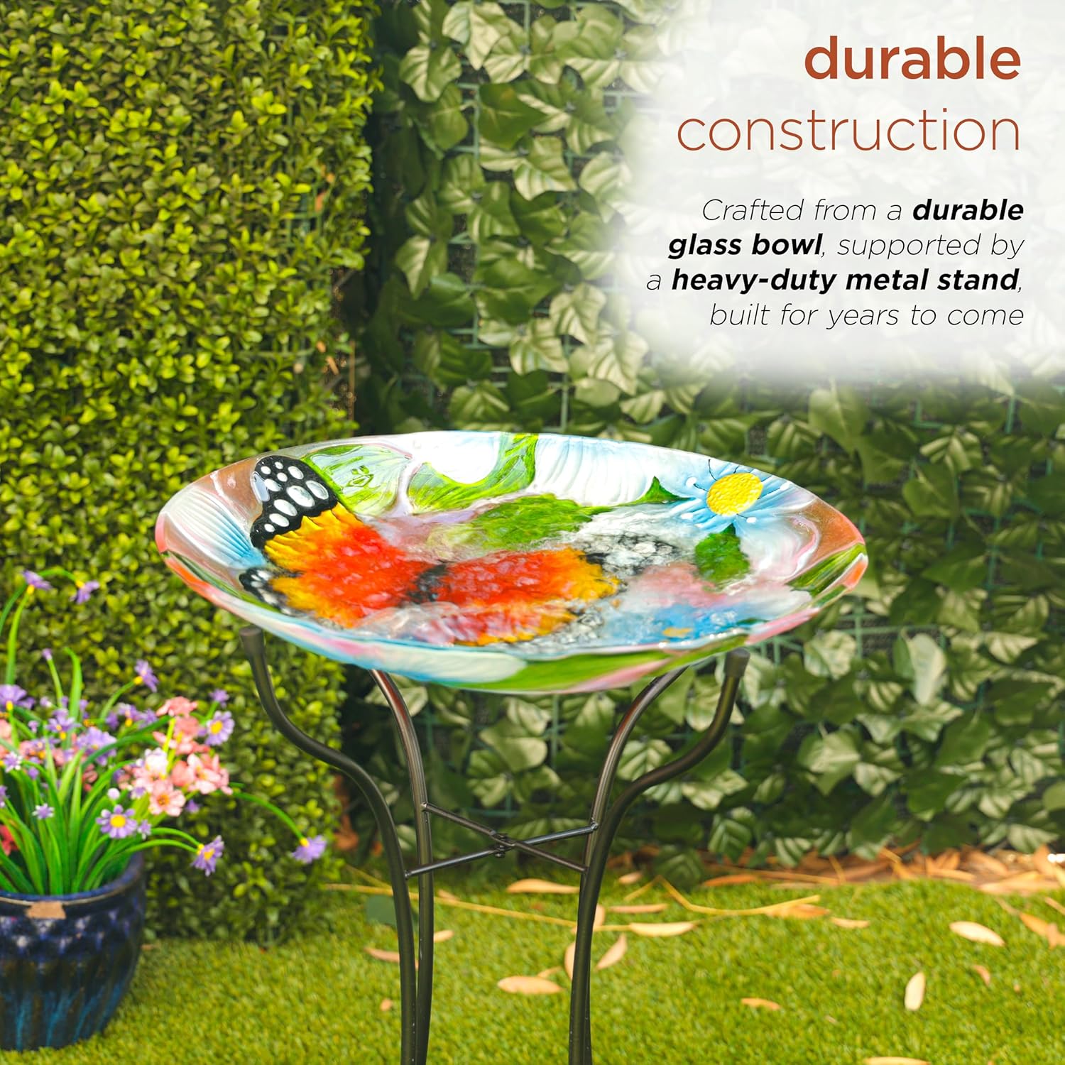 Alpine Corporation 26" Tall Outdoor Glass Floral Butterfly Birdbath wi