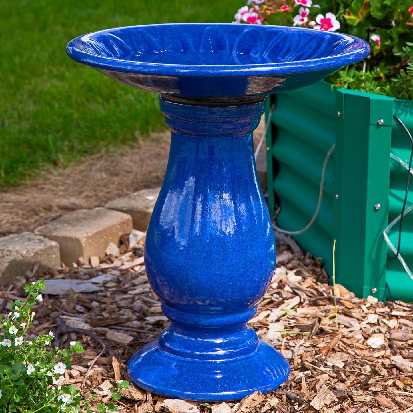 Sunnydaze Blue Ceramic Bird Bath for Outside - 21.5" H Garden Bird Bath - Daisy Embossed Bowl - UV-/Frost-Resistant Glaze Finish