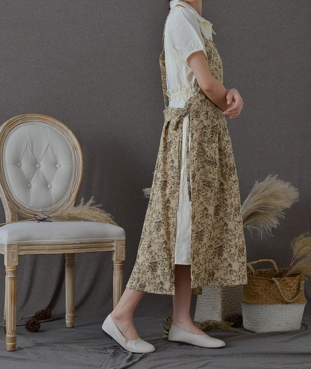Japanese Cotton Linen Cross Back Apron with Pockets,Fashion Pinafore D
