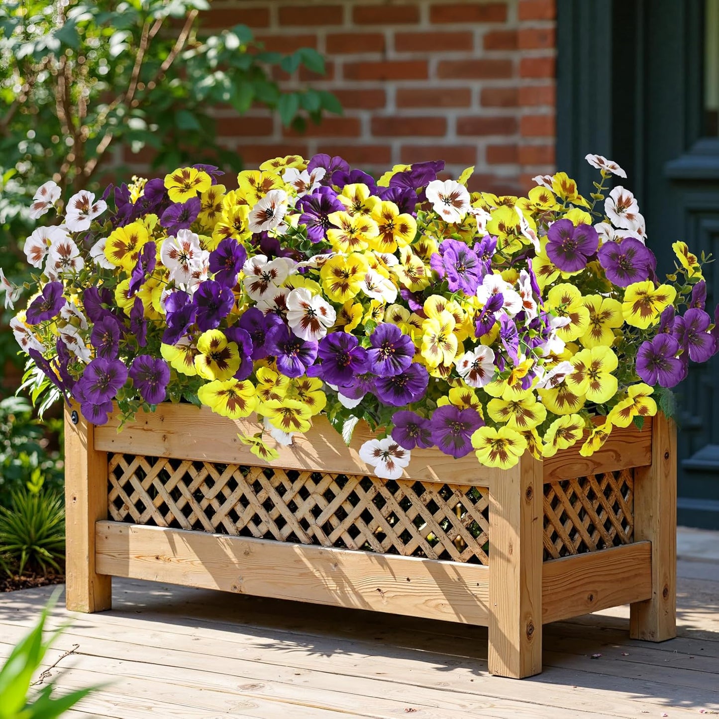 Waipfaru 36 Bundles Artificial Pansy Flowers for Outdoor, UV Resistant Faux Silk Flowers for Outdoor Planters Front Door Porch Yard Patio Window Box Home Decor (Purple, Yellow, White)