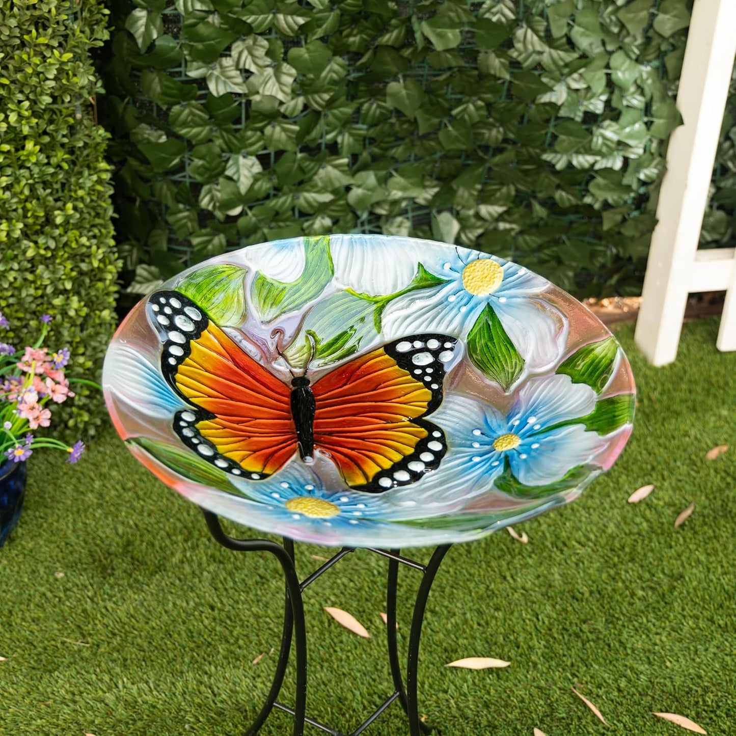 Alpine Corporation 26" Tall Outdoor Glass Floral Butterfly Birdbath wi