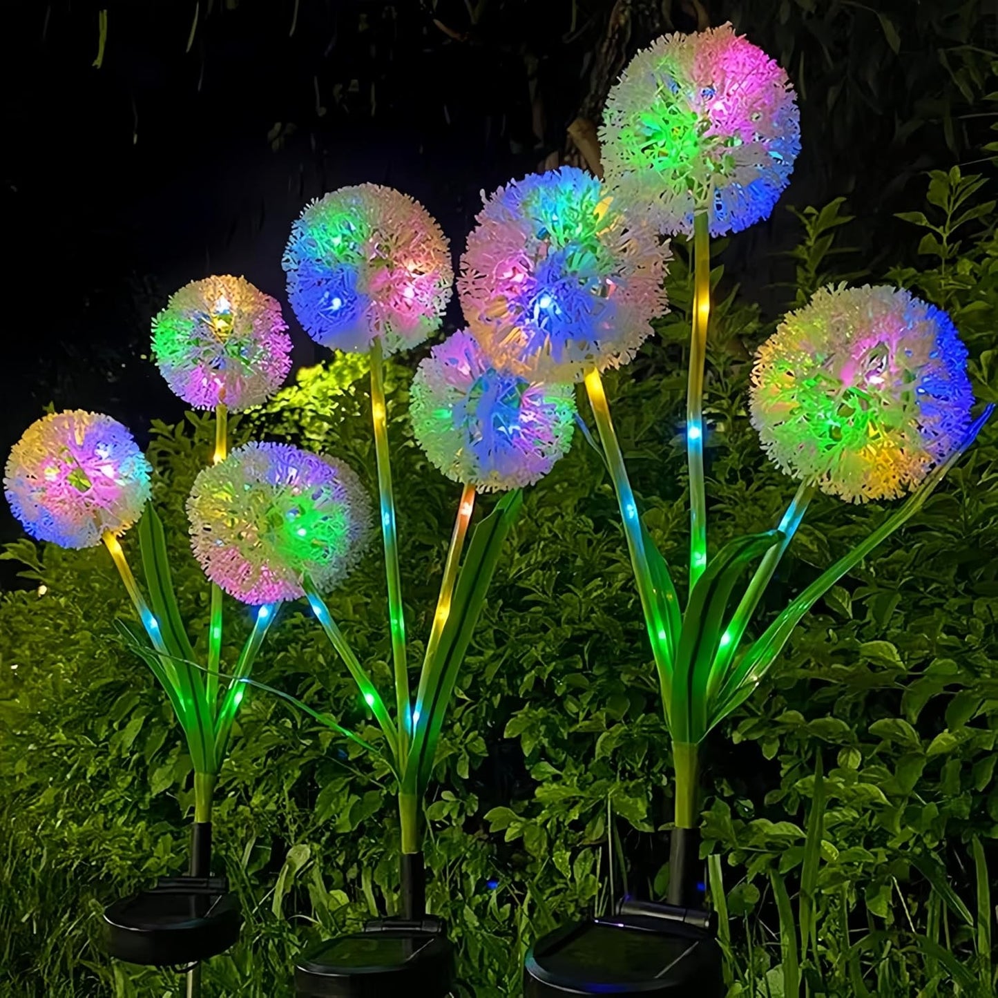 Dandelion Solar Garden Lights, 3-Head 2-Pack - Upgraded Outdoor Flower Lights, Color-Changing Waterproof Solar Outdoor Lights, Suitable for Pathways, Gardens, patios, backyards, Parties (Colored)