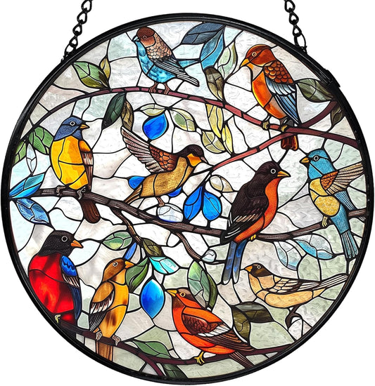 Bird Stained Glass Window Hanging, Rustic Cottagecore Bird Sun Catchers Indoor Window Round Glass Wall Art Decor, Birds Lover Gifts Suncatcher Wall Hanging Gardening & Lawn Care
