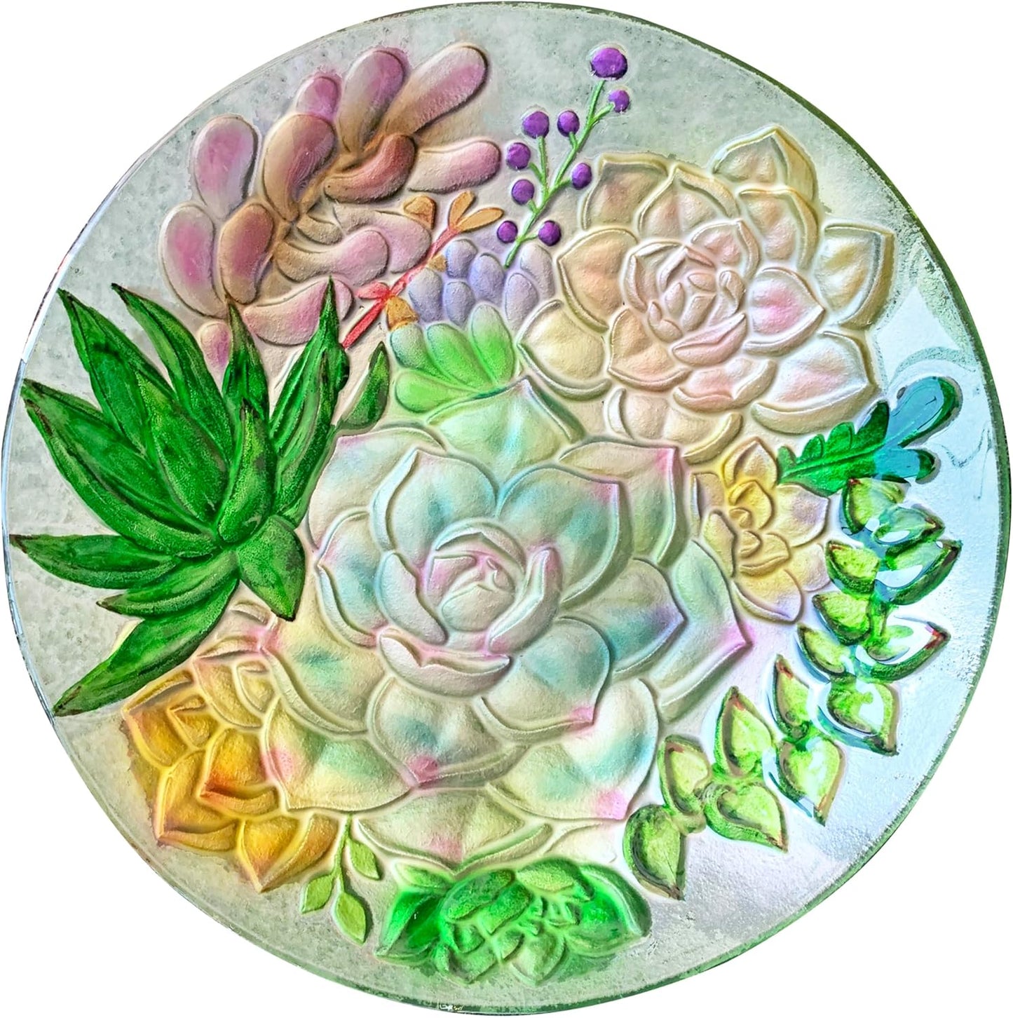 Continental Art Center Inc. CAC3888236 18'' Holographic Painted Succulents Glass Bird Bath/Feeder, Fountain, Decorative Plate, Blue, Pink
