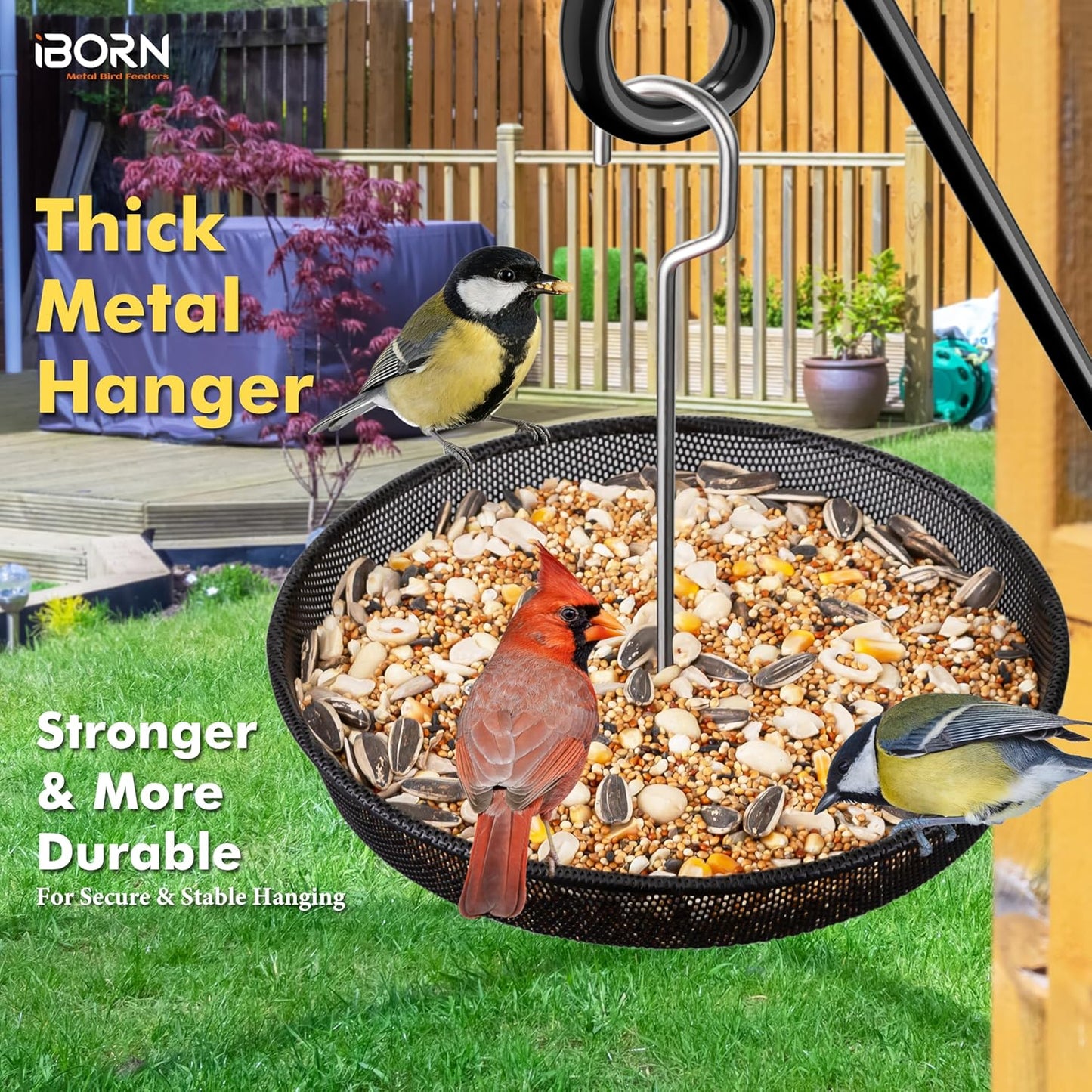 iBorn Hanging Bird Feeder Tray, Metal Mesh Bird Feeder Bowl with Thick Metal Hanger, Sturdy & Durable for Outdoors, Easy to Refill & Clean, Pack of 1, Black