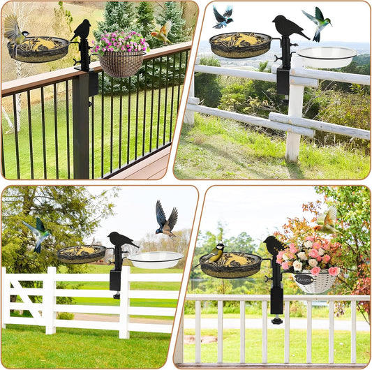 Bird Feeder 3 Inch Clamp for Deck Railings - Heavy Duty Adjustable Clamp with Metal Tray & 2 Detachable Bowls, All-in-One Backyard Gift to Attract Cardinals, Finches to Balcony, Porch, Patio