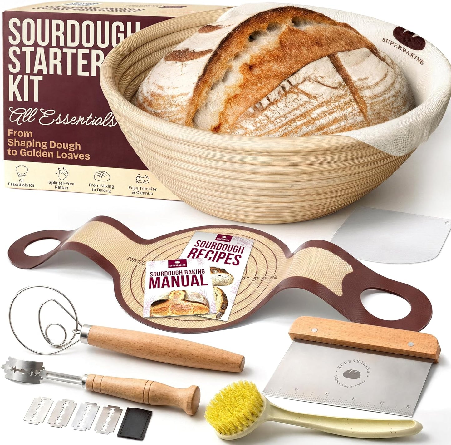 Superbaking Sourdough Starter Kit, 9" Round Banneton Bread Proofing Ba