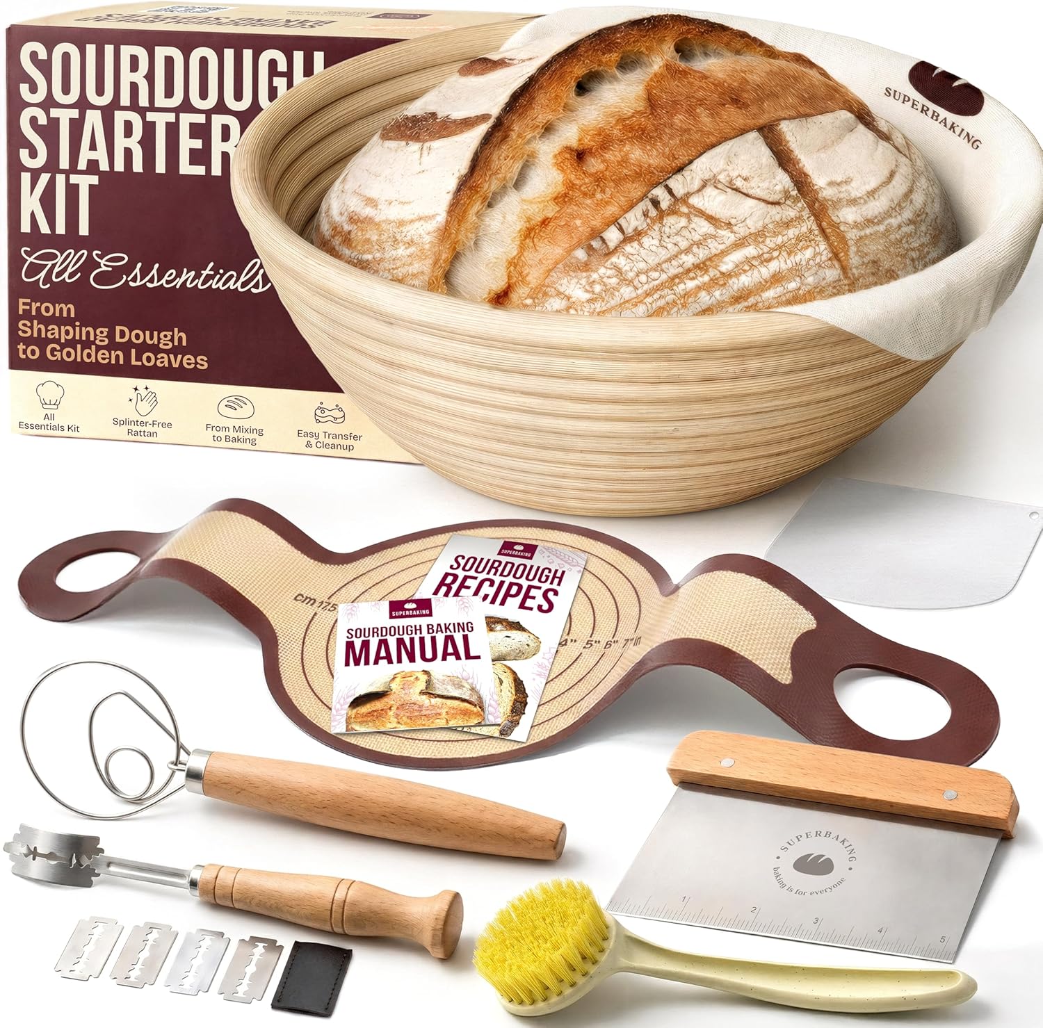 Superbaking Sourdough Starter Kit, 9" Round Banneton Bread Proofing Ba